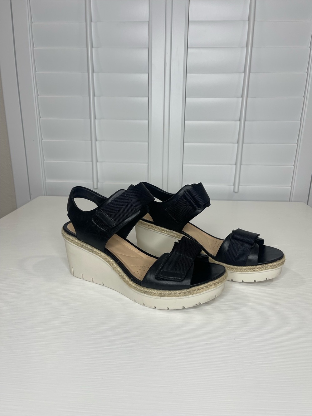Clarks Black Wedge Sandals with Adjustable Straps - Women